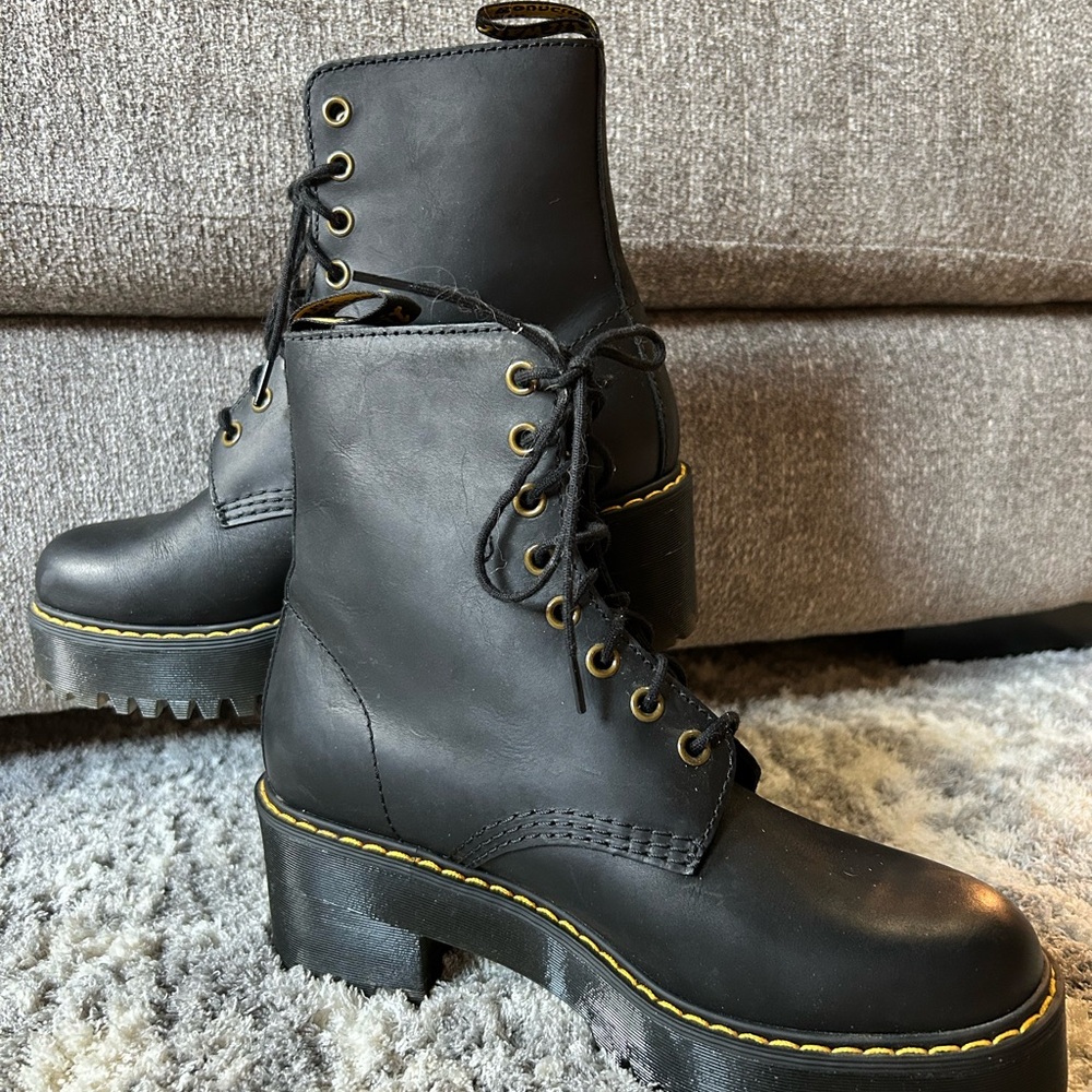 Dr. Martens Black Lace-Up Platform Ankle Boots with Yellow Stitching